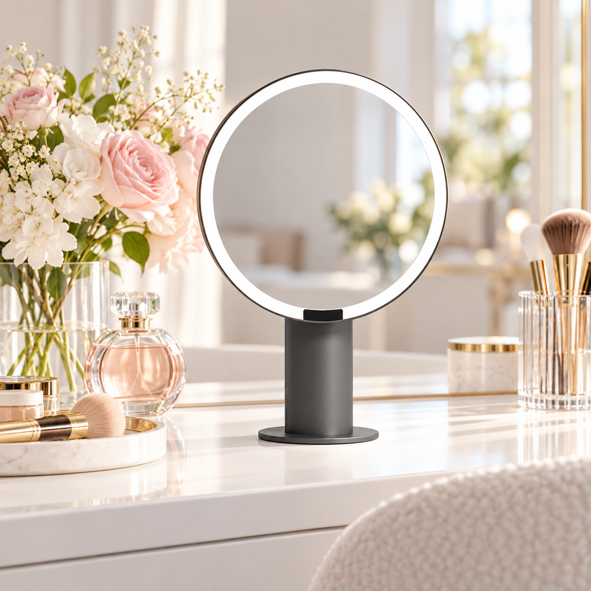 💡 LED Makeup Mirror | Round Vanity Mirror | Modern Tabletop Beauty Mirror | Elegant Dressing Table Accessory | Makeup Lover Gift