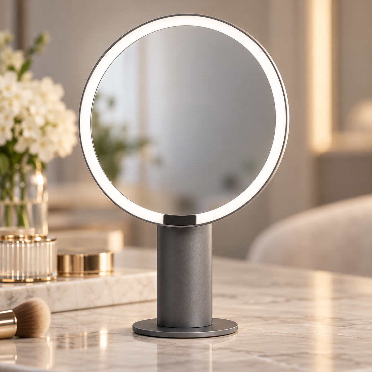 💡 LED Makeup Mirror | Round Vanity Mirror | Modern Tabletop Beauty Mirror | Elegant Dressing Table Accessory | Makeup Lover Gift